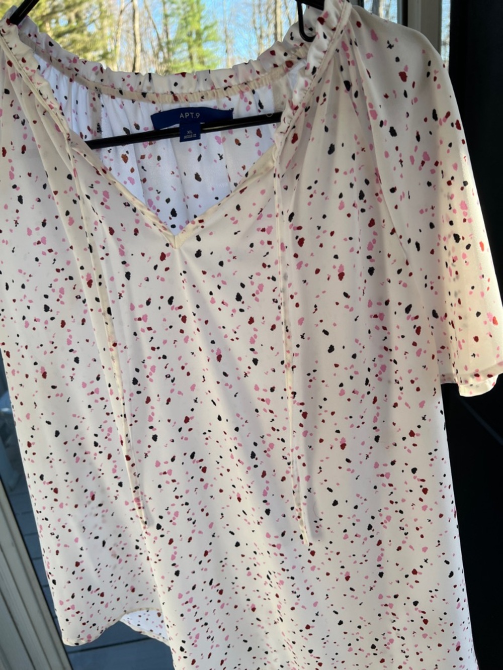 Apt. 9 Cream Split-Neck Top with Pink & Black Spot Print